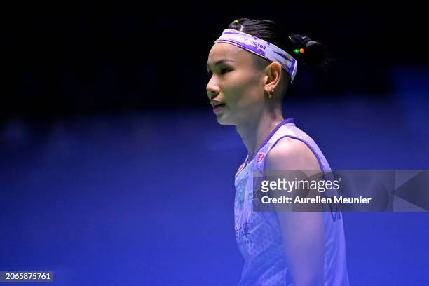 Tai Tzu Ying of Chinese Tapei looks on during her women single round of 16 match against Wang Zhi Yi of China at Adidas Arena on March 07, 2024 in...