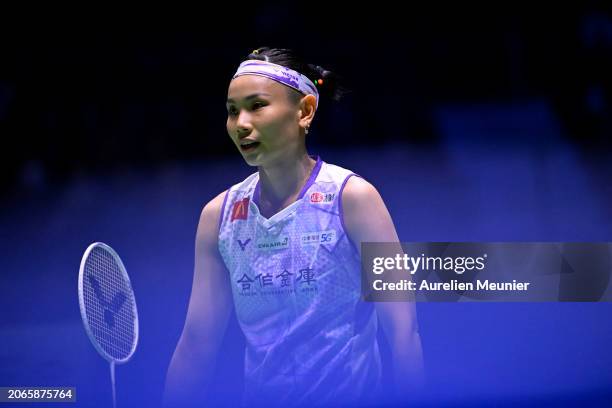 Tai Tzu Ying of Chinese Tapei looks on during her women single round of 16 match against Wang Zhi Yi of China at Adidas Arena on March 07, 2024 in...