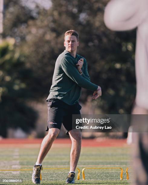 Quarterback Joe Burrow goes through drills during Jordan Palmers off-season NFL Draft Prep in a park on February 13, 2020 in Orange County, CA.