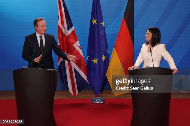 British Foreign Secretary David Cameron and German Foreign Minister Annalena Baerbock speak to the media following talks on March 07, 2024 in Berlin,...