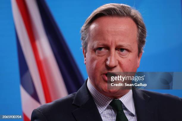 British Foreign Secretary David Cameron speaks to the media after talks with German Foreign Minister Annalena Baerbock on March 07, 2024 in Berlin,...