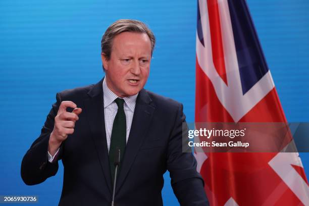 British Foreign Secretary David Cameron speaks to the media after talks with German Foreign Minister Annalena Baerbock on March 07, 2024 in Berlin,...