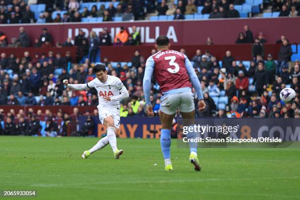 Son Heung-Min of Tottenham Hotspur scores their 3rd goal during the Premier League match between Aston Villa and Tottenham Hotspur at Villa Park on...