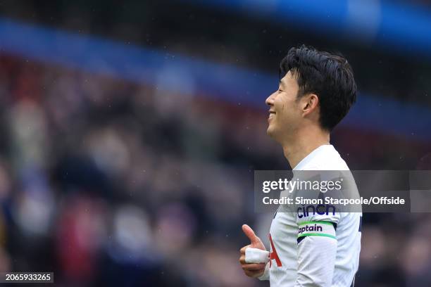 Son Heung-Min of Tottenham Hotspur celebrates during the Premier League match between Aston Villa and Tottenham Hotspur at Villa Park on March 10,...