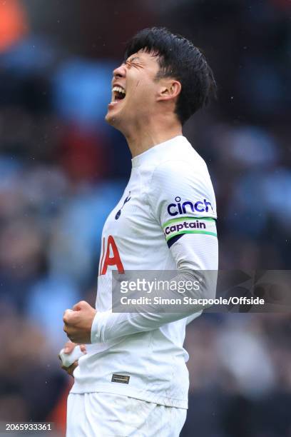 Son Heung-Min of Tottenham Hotspur celebrates during the Premier League match between Aston Villa and Tottenham Hotspur at Villa Park on March 10,...