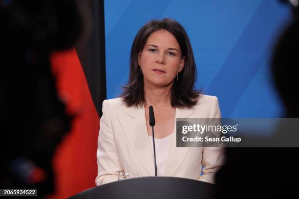 German Foreign Minister Annalena Baerbock speaks to the media after talks with British Foreign Secretary David Cameron on March 07, 2024 in Berlin,...