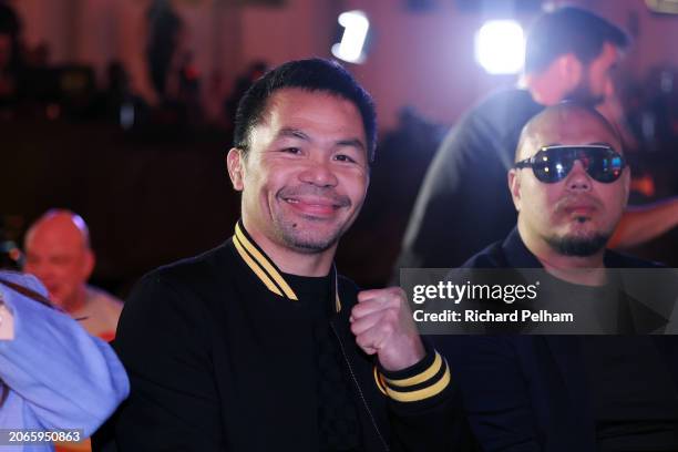 Manny Pacquiao poses for a photo prior to the 'Knockout Chaos' weigh-in at Greece in Boulevard World on March 07, 2024 in Riyadh, Saudi Arabia.