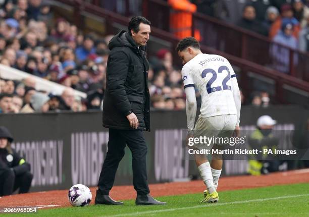 Aston Villa manager Unai Emery kicks the ball away from Tottenham Hotspur's Brennan Johnson during the Premier League match at Villa Park,...