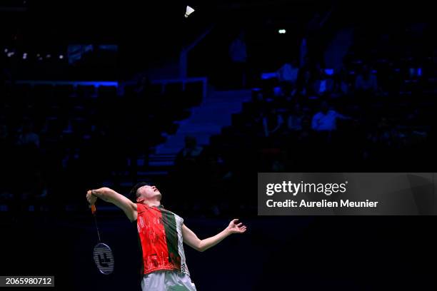 Ng Ka Long Angus of Hong Kong smashes the shuttle during his men single round of 16 match against Anders Antonsen of Denmark at Adidas Arena on March...