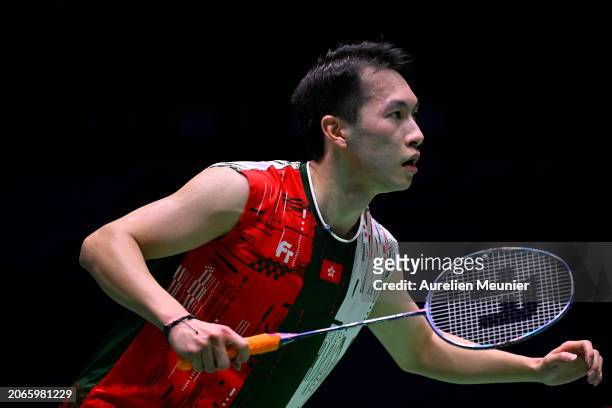 Ng Ka Long Angus of Hong Kong focuses during his men single round of 16 match against Anders Antonsen of Denmark at Adidas Arena on March 07, 2024 in...