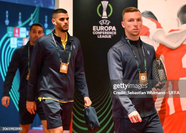 Eden Karzev of Maccabi Tel Aviv arrives at the stadium prior to the UEFA Europa Conference League 2023/24 round of 16 first leg match between...