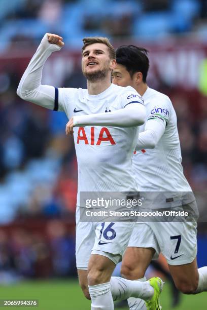 Timo Werner of Tottenham Hotspur celebrates scoring their 4th goal during the Premier League match between Aston Villa and Tottenham Hotspur at Villa...