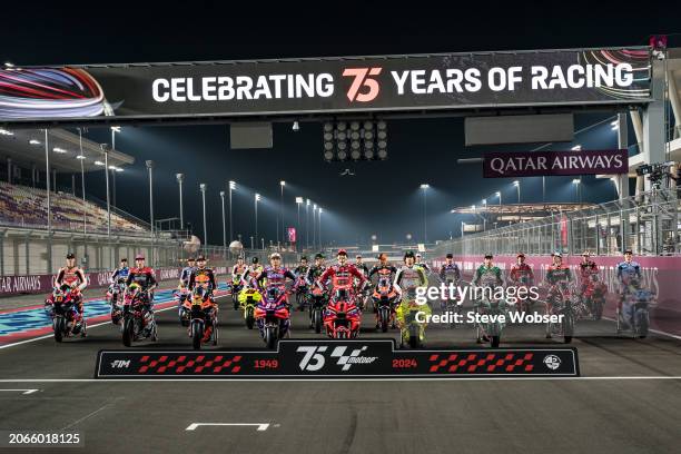 MotoGP riders on the official group photo on the main straight ahead of the MotoGP Qatar Airways Grand Prix of Qatar at Losail Circuit on March 07,...