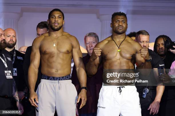 Anthony Joshua and Francis Ngannou pose for a photo at the weigh-in ahead of their 'Knockout Chaos' heavyweight fight at Greece in Boulevard World on...