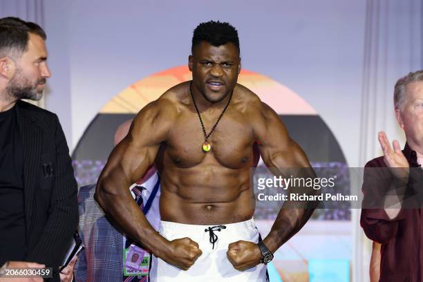 Francis Ngannou poses for a photo as he weighs in ahead of his 'Knockout Chaos' heavyweight fight against Anthony Joshua at Greece in Boulevard World...
