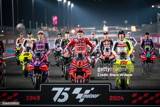 MotoGP riders on the grid during the photo shooting ahead of the MotoGP Qatar Airways Grand Prix of Qatar at Losail Circuit on March 07, 2024 in...