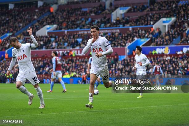 Brennan Johnson of Tottenham Hotspur celebrates scoring their 2nd goal during the Premier League match between Aston Villa and Tottenham Hotspur at...