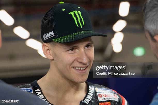 Fabio Quartararo of France and Monster Energy Yamaha MotoGP Team smiles in pit during the MotoGP Of Qatar - Previews at Losail Circuit on March 07,...