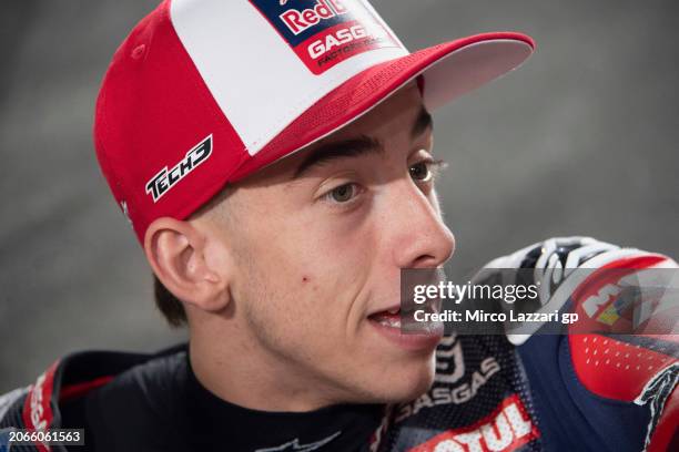 Pedro Acosta of Spain and Red Bull GasGas Tech3 speaks with journalists in pit during the MotoGP Of Qatar - Previews at Losail Circuit on March 07,...