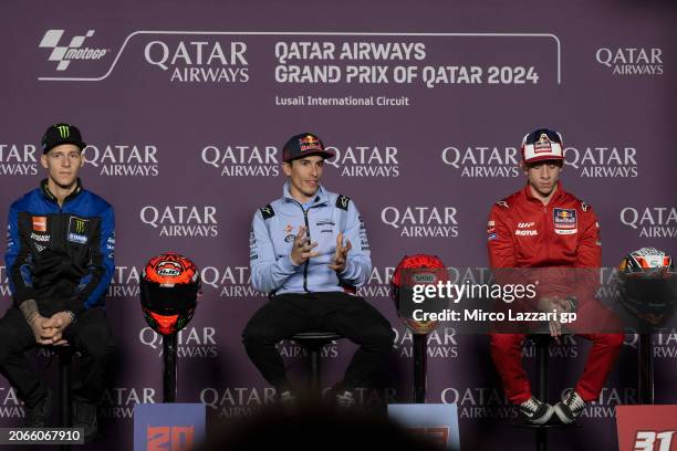 Marc Marquez of Spain and Gresini Racing MotoGP speaks during the press conference pre-event during the MotoGP Of Qatar - Previews at Losail Circuit...