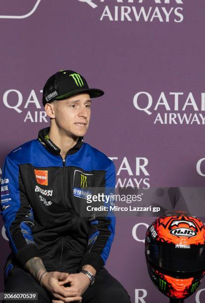 Fabio Quartararo of France and Monster Energy Yamaha MotoGP Team speaks during the press conference pre-event during the MotoGP Of Qatar - Previews...