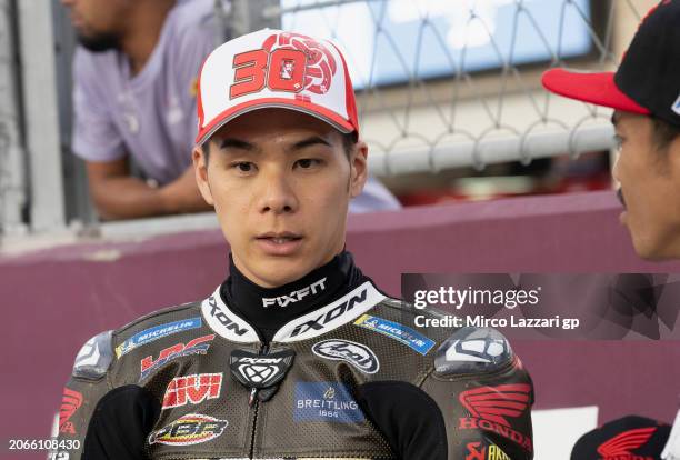 Takaaki Nakagami of Japan and IDEMITSU Honda LCR speaks on track during the MotoGP Of Qatar - Previews at Losail Circuit on March 07, 2024 in Doha,...