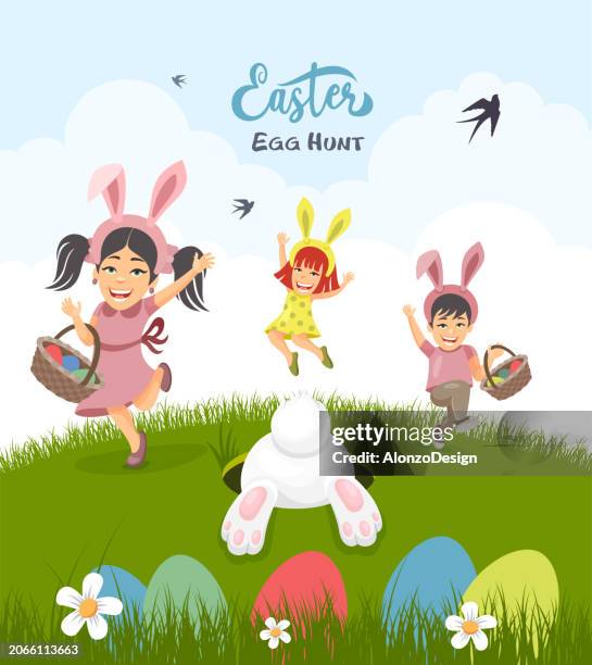 easter egg hunt poster. - funny easter bunny stock illustrations