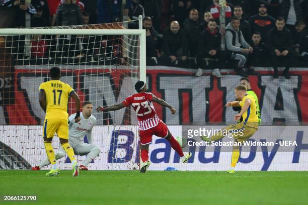 Ido Shahar of Maccabi Tel Aviv scores his team's second goal during the UEFA Europa Conference League 2023/24 round of 16 first leg match between...
