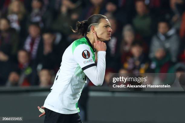 Darwin Nunez of Liverpool celebrates scoring his team's second goal during the UEFA Europa League 2023/24 round of 16 first leg match between AC...