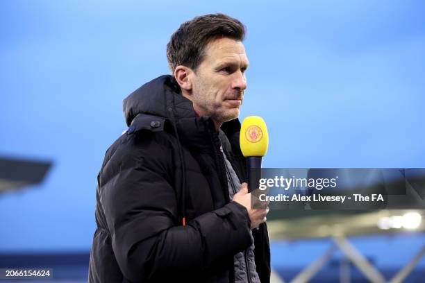 Gareth Taylor, Manager of Manchester City, speaks to the media prior to the FA Women's Continental Tyres League Cup Semi Final match between...