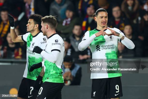 Darwin Nunez of Liverpool celebrates scoring his team's second goal during the UEFA Europa League 2023/24 round of 16 first leg match between AC...