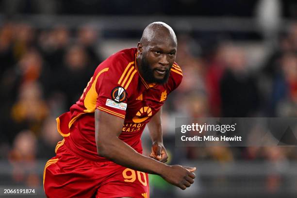 Romelu Lukaku of AS Roma celebrates scoring his team's second goal during the UEFA Europa League 2023/24 round of 16 first leg match between AS Roma...