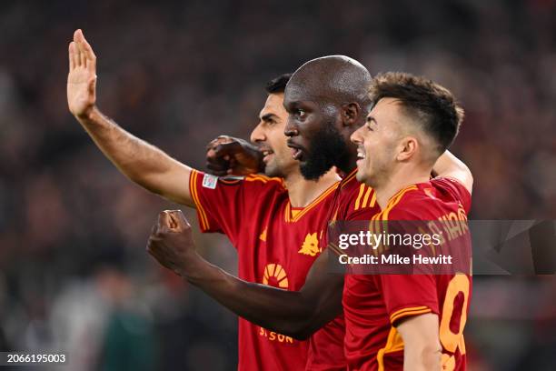 Romelu Lukaku of AS Roma celebrates with Zeki Celik and Stephan El Shaarawy of AS Roma after scoring his team's second goal during the UEFA Europa...