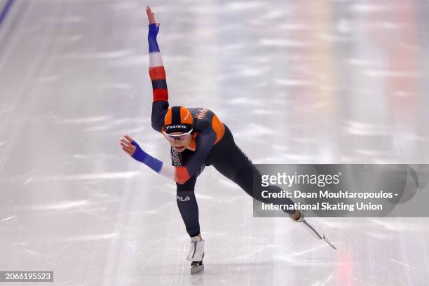 Femke Kok of Netherlands competes in the Women's Sprint 1st 500m at Max Aicher Arena on March 07, 2024 in Inzell, Germany.