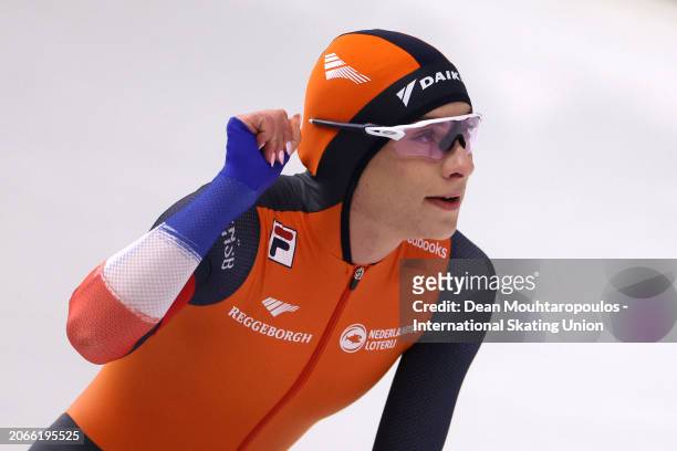 Femke Kok of Netherlands competes in the Women's Sprint 1st 500m at Max Aicher Arena on March 07, 2024 in Inzell, Germany.
