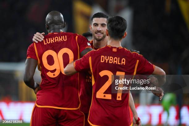 Roma players celebrate during the UEFA Europa League 2023/24 round of 16 first leg match between AS Roma and Brighton & Hove Albion at Stadio...