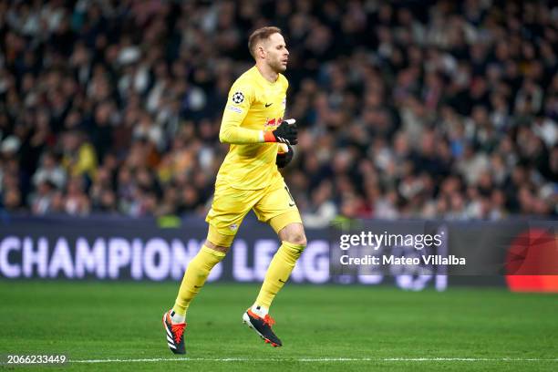 Peter Gulacsi of RB Leipzig looks on during the UEFA Champions League 2023/24 round of 16 second leg match between Real Madrid CF and RB Leipzig at...