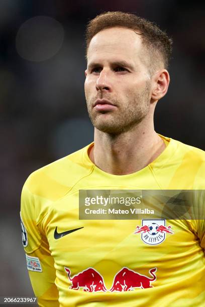 Peter Gulacsi of RB Leipzig looks on prior to the UEFA Champions League 2023/24 round of 16 second leg match between Real Madrid CF and RB Leipzig at...