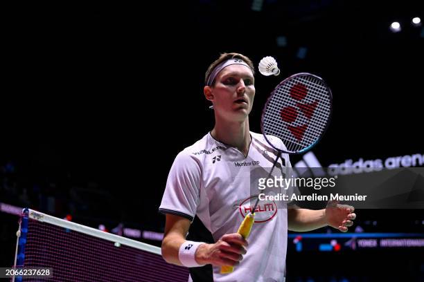 Viktor Axelsen of Denmark reacts during his men single round of 16 match against Wang Tzu Wei of Taiwan at Adidas Arena on March 07, 2024 in Paris,...