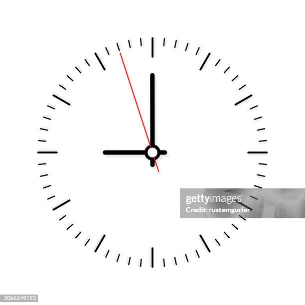 classic clock icon showing 09:00 or 21:00 on white background - time machine stock illustrations