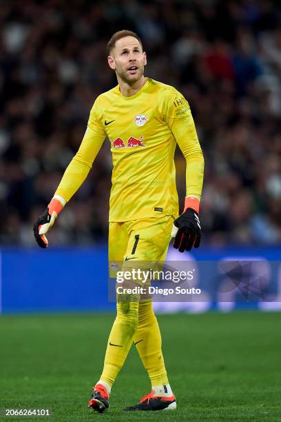 Peter Gulacsi of Leipzig looks on during the UEFA Champions League 2023/24 round of 16 second leg match between Real Madrid CF and RB Leipzig at...