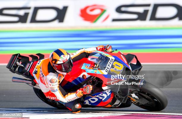 Italian MotoGP rider Luca Marini of the Repsol Honda Team is warming up for the Qatar Airways Motorcycle Grand Prix of Qatar at the Losail...