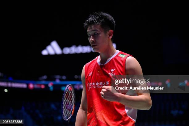 Li Shi Feng of China reacts during his men single round of 16 match against Lakshya Sen of India at Adidas Arena on March 07, 2024 in Paris, France.