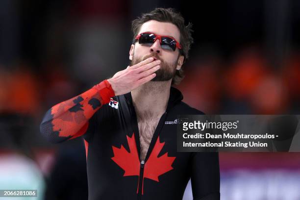 Laurent Dubreuil of Canada celebrates after he competes and wins the Men's Sprint 1st 500m at Max Aicher Arena on March 07, 2024 in Inzell, Germany.