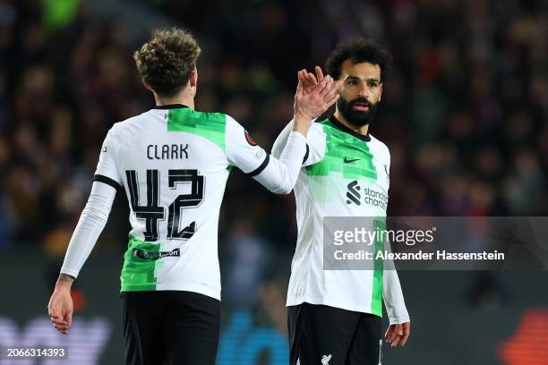Mohamed Salah of Liverpool celebrates with teammate Bobby Clark after he scores a goal which was later ruled out for offside the UEFA Europa League...
