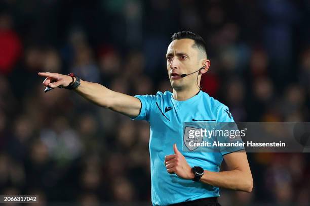 Referee Jose Maria Sanchez Martinez gestures to rule out a goal for offside scored by Mohamed Salah of Liverpool during the UEFA Europa League...