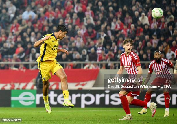 Dor Peretz of Maccabi Tel Aviv scores his team's fourth goal during the UEFA Europa Conference League 2023/24 round of 16 first leg match between...