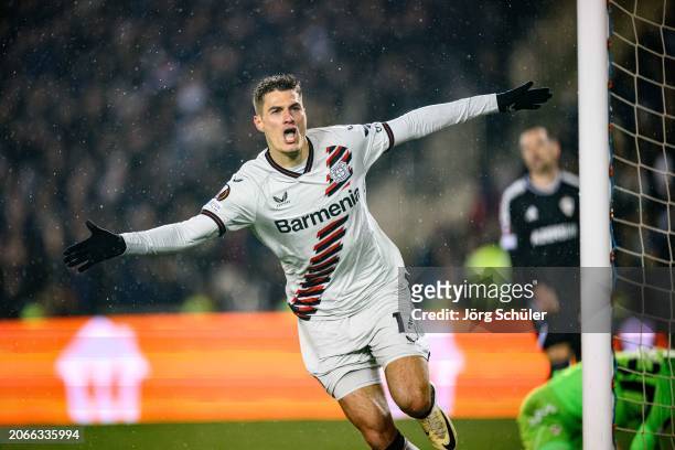 Patrik Schick of Leverkusen scores his teams second goal during the UEFA Europa League 2023/24 round of 16 first leg match between Qarabag FK and...