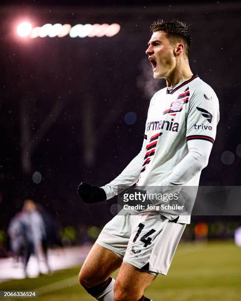 Patrik Schick of Leverkusen scores his teams second goal during the UEFA Europa League 2023/24 round of 16 first leg match between Qarabag FK and...