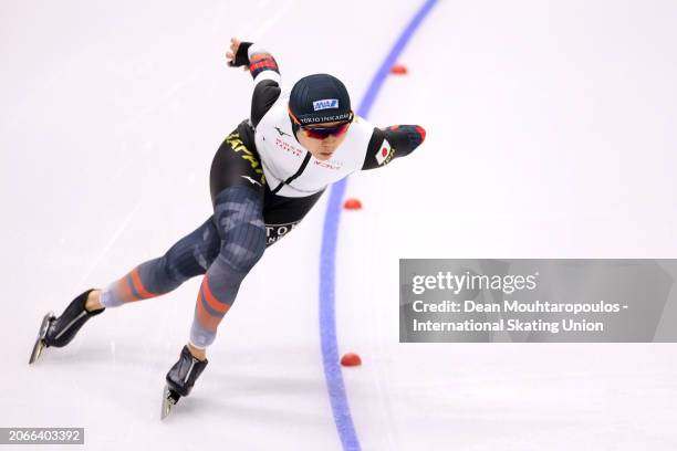 Miho Takagi of Japan competes and wins the Women's Sprint 1st 1000m at Max Aicher Arena on March 07, 2024 in Inzell, Germany.